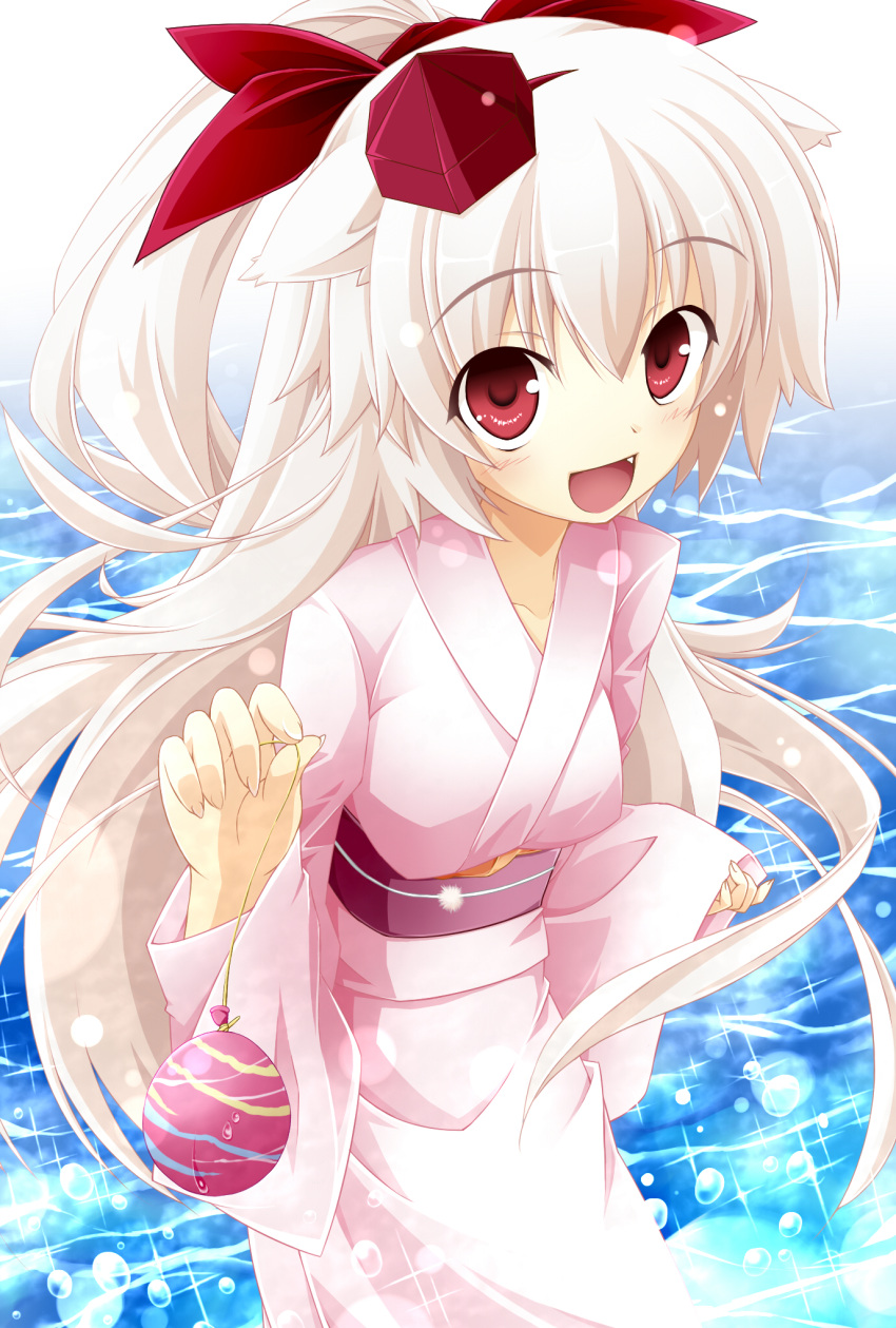 altivr animal_ears fang hat highres inubashiri_momiji japanese_clothes kimono long_hair looking_at_viewer open_mouth ponytail red_eyes silver_hair smile tokin_hat touhou wolf_ears