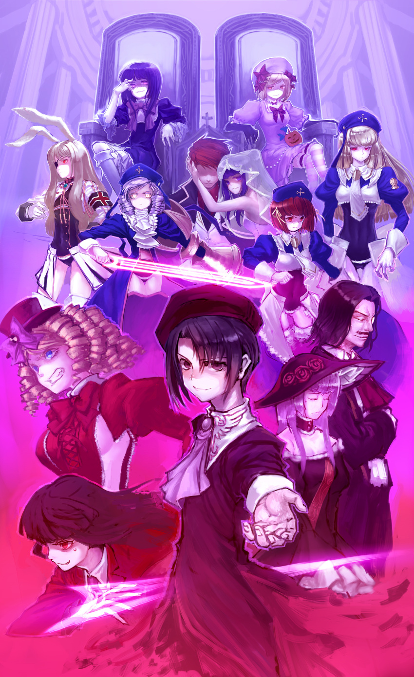 6+girls absurdres animal_ears armband black_hair blonde_hair blue_eyes blue_hair bow breasts bridal_veil bride brown_hair bunny_ears cape closed_eyes cornelia_(umineko) cross curly_hair dlanor_a_knox dress drill_hair eiserne_jungfrau elbow_gloves eyepatch flower frederica_bernkastel furudo_erika gaap gertrude gloves glowing glowing_eyes grin hair_bow hair_ornament hair_ribbon hairclip hat hidden_eyes highres jewelry kanon_(umineko) lain lain_(artist) lambdadelta long_hair lucifer mini_top_hat monocle multiple_girls necklace purple_eyes purple_hair red_eyes red_hair red_rose ribbon ronove rose sash short_hair siesta00 siesta_sisters smile stakes_of_purgatory striped striped_legwear sweat thighhighs throne top_hat umineko_no_naku_koro_ni ushiromiya_battler veil virgilia wedding_dress yellow_eyes