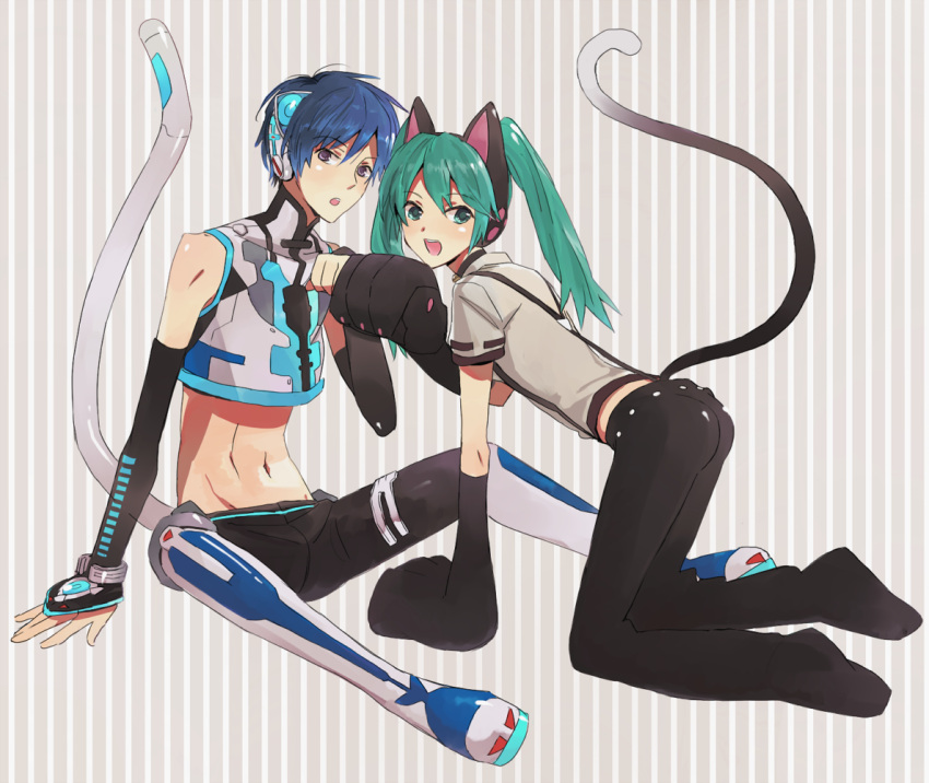 animal_ears blue_eyes blue_hair cat_ears cat_paws cat_tail green_eyes green_hair hatsune_miku kaito looking_back midriff neko_cyber open_mouth paws project_diva project_diva_2nd sitting suspenders tail twintails vocaloid