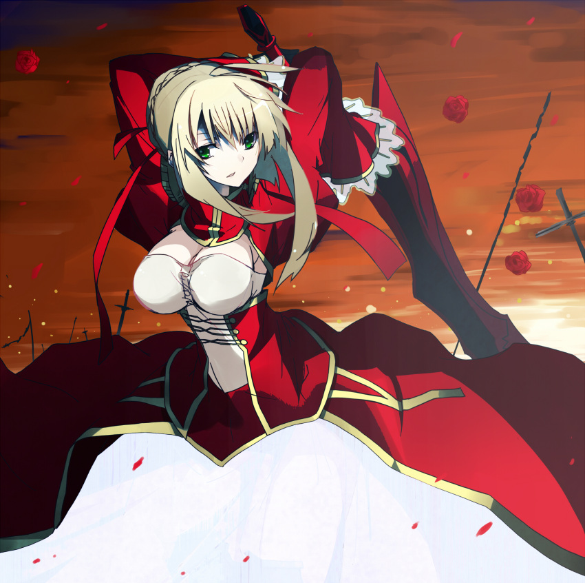 blonde_hair breasts cleavage cross fate/extra fate/stay_night fate_(series) flower green_eyes highres long_hair petals red_rose rose rose_petals saber_extra solo sword vane weapon