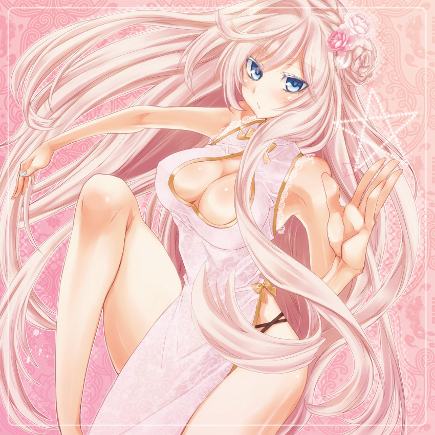 blue_eyes breasts china_dress chinese_clothes cleavage cleavage_cutout flower hair_flower hair_ornament highres legs long_hair megurine_luka mikippa nail_polish pink_hair pose solo very_long_hair vocaloid