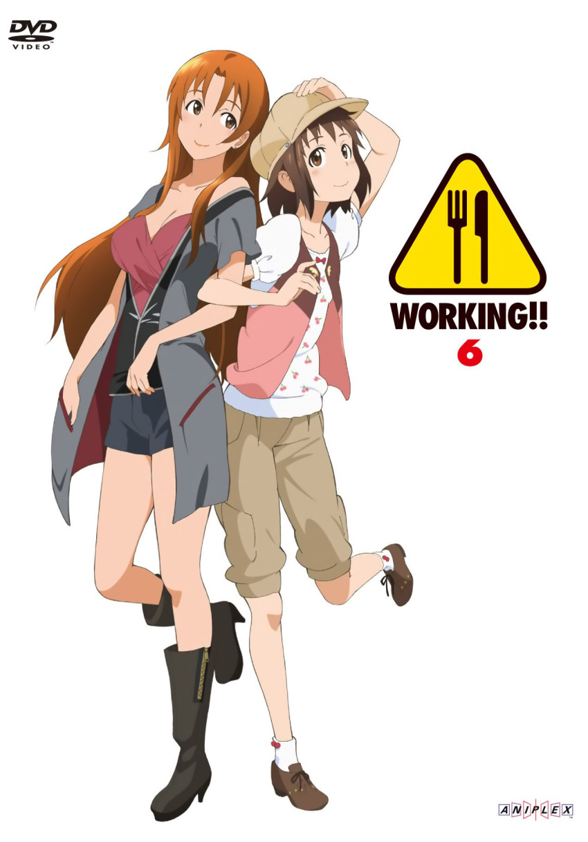 boots breasts brown_eyes brown_hair casual cleavage coat cover dvd_cover earrings hat highres jewelry knee_boots long_hair multiple_girls orange_hair scan short_hair short_pants short_shorts shorts siblings sisters smile socks takanashi_kozue takanashi_nazuna vest working!!