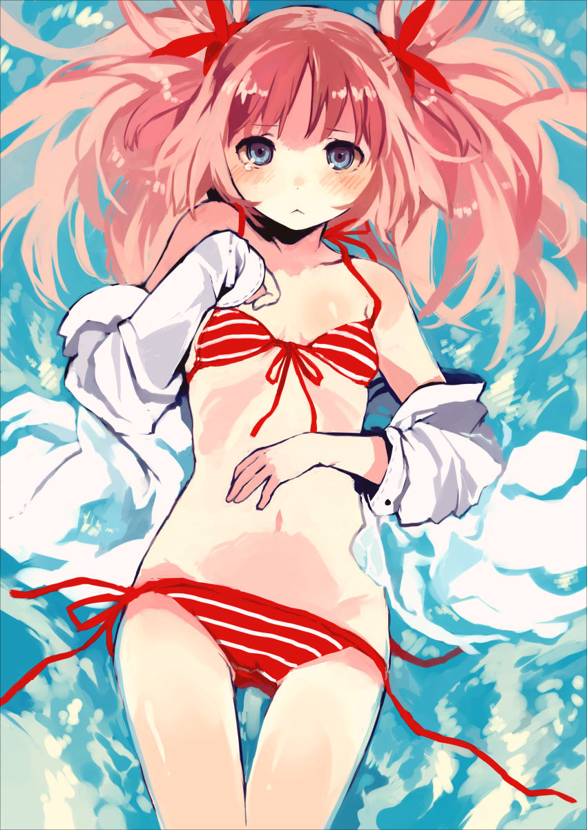 absurdres bare_shoulders bikini blue_eyes blush hands highres looking_at_viewer lying off_shoulder on_back open_clothes open_shirt original red_hair redhead shirt solo striped striped_bikini striped_swimsuit submerged swimsuit tan_(tangent) ted_(artist) untied