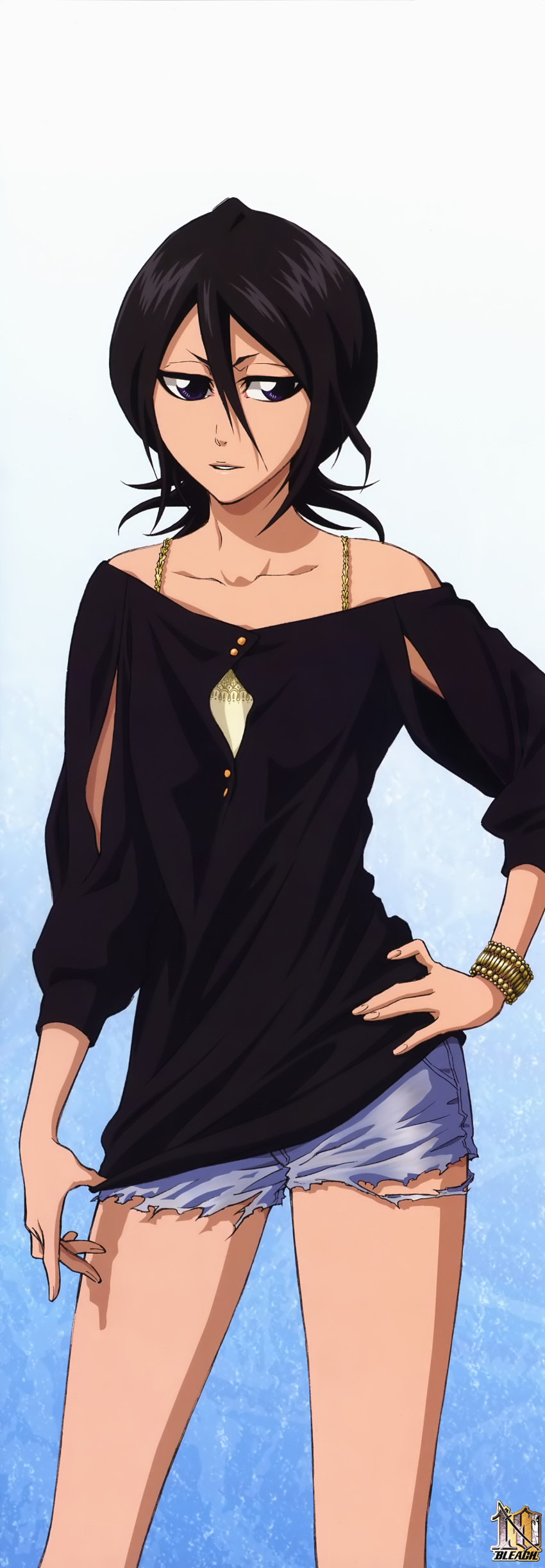 1girl absurdres alternate_costume bare_shoulders black_blouse black_hair bleach blouse bracelet casual contemporary denim denim_shorts fashion female hair_between_eyes hand_on_hip highres jewelry kuchiki_rukia official_art parted_lips short_hair short_shorts shorts smile solo standing torn_shorts