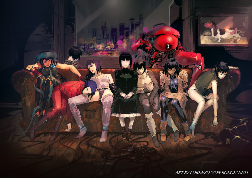 6+girls city cityscape couch dog ghost_in_the_shell indoors kusanagi_motoko lorenzo_nuti multiple_girls multiple_persona non-humanoid_robot on_couch portrait_(object) robot window wooden_floor