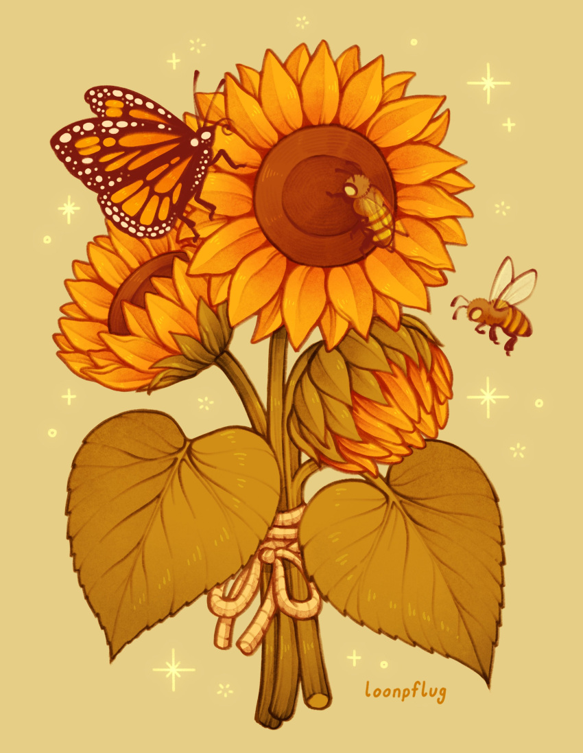 absurdres animal artist_name bee bug butterfly commentary commission english_commentary flower flower_focus green_background highres lianne_pflug monarch_butterfly no_humans original rope signature simple_background sparkle sunflower wings yellow_flower