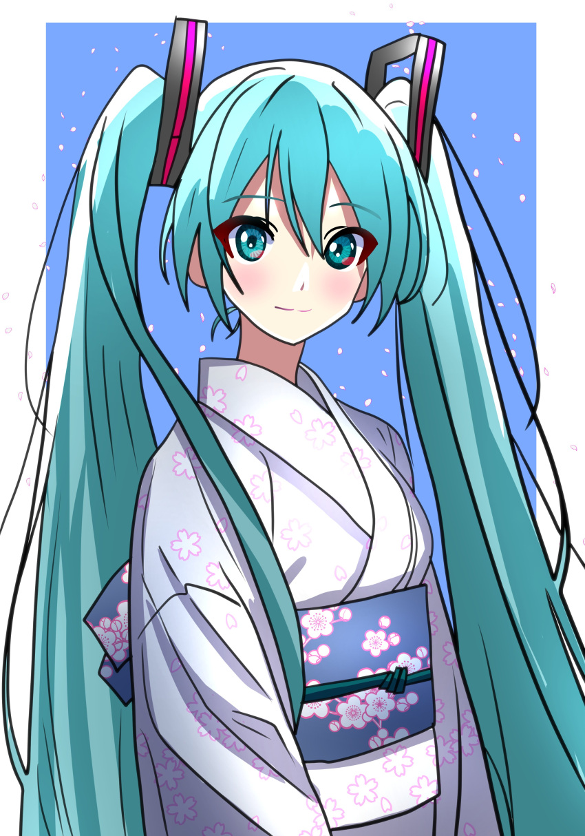 1girl :3 absurdres aqua_eyes aqua_hair blue_background blue_sky blush border cherry_blossoms closed_mouth commentary english_commentary falling_petals floral_print floral_print_shirt from_side hair_ornament hanami hatsune_miku highres kisaragi9a light_smile long_hair long_sleeves looking_at_viewer looking_to_the_side loose_hair_strand obi obijime outdoors outside_border petals pink_petals purple_sash sash sky smile solo standing twintails very_long_hair vocaloid white_border