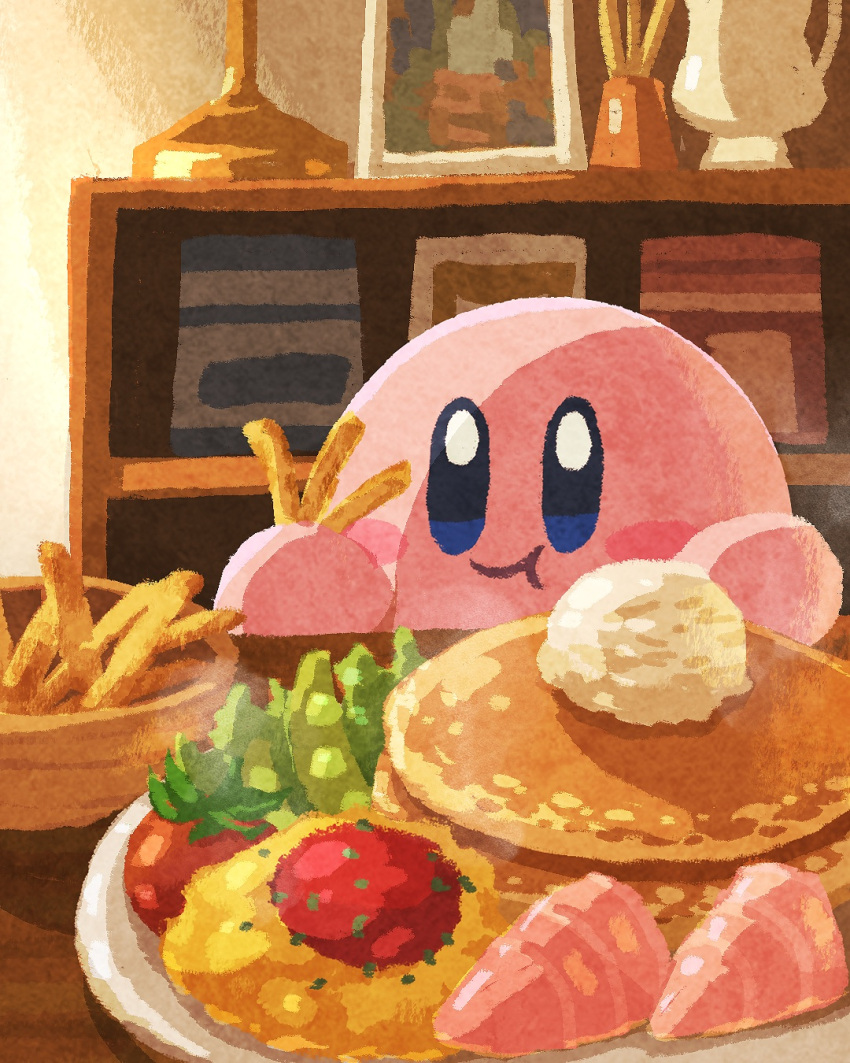 :t blush_stickers bowl butter chewing closed_mouth colored_shadow colored_skin eating egg_(food) food french_fries highres holding holding_food indoors ketchup kirby kirby_(series) lettuce miclot no_humans omelet omurice pancake pancake_stack pink_skin plate shadow shelf smile solo table tomato vegetable wooden_table