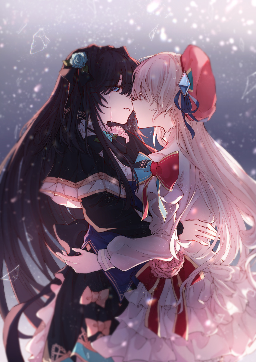 2girls absurdres arcaea beret black_capelet black_dress black_hair black_ribbon blue_bow blue_corset blue_eyes blue_flower blue_gemstone bow capelet carnation corset dress flower gem glass glass_shards gold_trim hair_flower hair_ornament hair_ribbon hat highres hikari_(arcaea) hikari_(fracture)_(arcaea) hug imminent_kiss jacket layered_skirt long_hair multiple_girls muonrei00 pink_carnation pink_flower red_bow red_hat red_ribbon ribbon skirt spotlight tairitsu_(arcaea) tairitsu_(grievous_lady)_(arcaea) two-tone_bow white_hair white_jacket white_skirt yellow_bow yuri