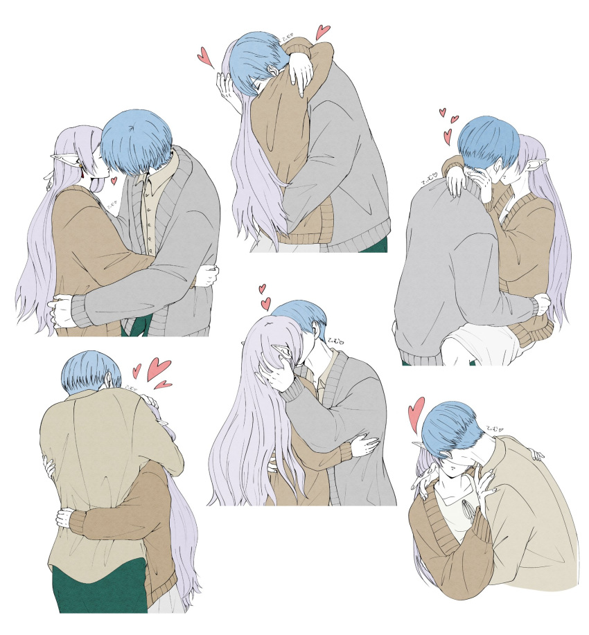 1boy 1girl alternate_costume arm_around_neck artist_name between_legs blue_hair brown_cardigan brown_shirt cardigan closed_eyes collarbone commentary contemporary elf frieren grey_cardigan hair_down hand_in_another's_hair heart highres himmel_(sousou_no_frieren) hug imminent_kiss kiss long_hair long_sleeves pointy_ears shirt short_hair sitting sousou_no_frieren tm102tm very_short_hair