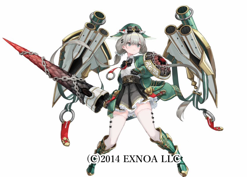 1girl arm_shield armored_boots black_bow black_gloves black_skirt boots bow buckler chain character_request closed_mouth collared_shirt commentary_request dress_shirt floating_hair full_body gloves green_eyes green_footwear green_hat green_jacket grey_hair hat holding holding_polearm holding_weapon jacket knee_boots lance long_hair long_sleeves looking_to_the_side low_twintails official_art open_clothes open_jacket oshiro_project:re osisio pleated_skirt polearm puffy_long_sleeves puffy_sleeves shield shirt simple_background skirt solo standing thigh-highs thighhighs_under_boots twintails very_long_hair weapon white_background white_shirt white_thighhighs