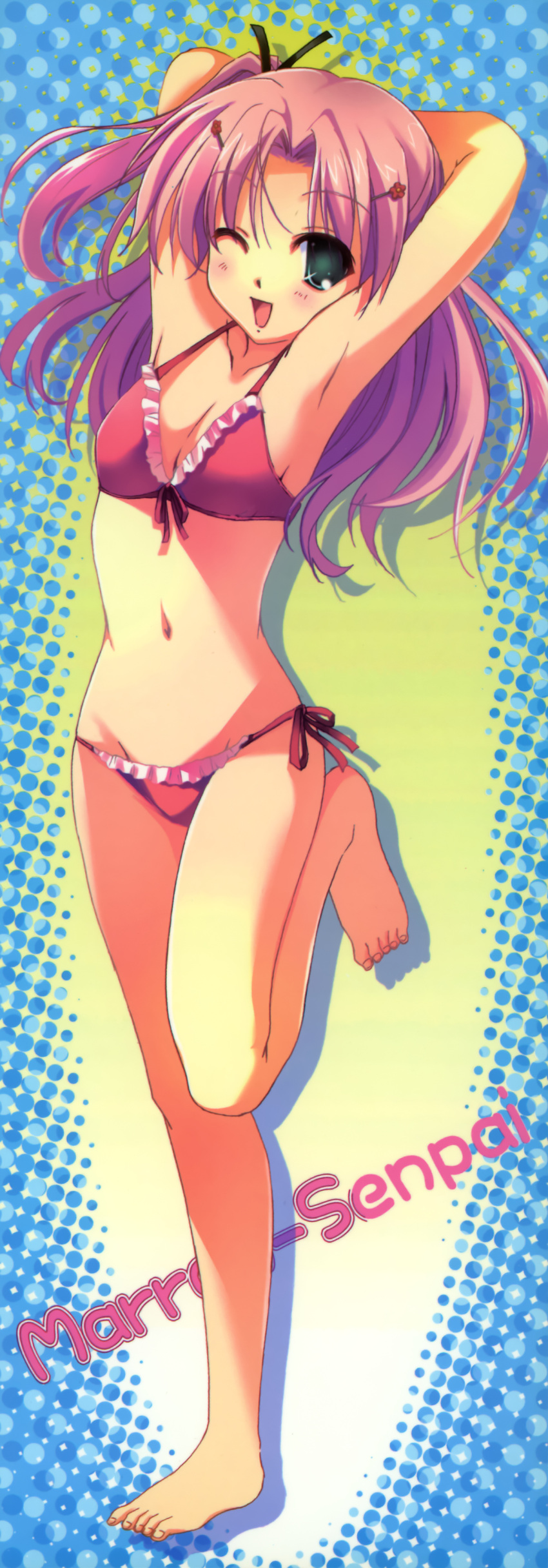 armpits arms_behind_back barefoot bikini flat_chest frilled_bikini frills front-tie_top green_eyes highres legs maaryan navel pink_hair side-tie_bikini swimsuit to_heart to_heart_2 twintails wink
