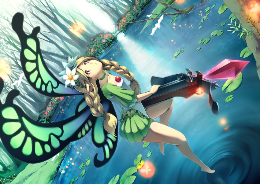 bare_legs bird blonde_hair bow_(weapon) braid brown_eyes butterfly butterfly_wings choker crossbow crystal dutch_angle fairy feet floating flower forest green_eyes hair_flower hair_ornament headdress lake lily_pad long_hair looking_up mercedes nature odin_sphere perspective pointy_ears pond ripples scenery tree twin_braids weapon wings yoshino_ryou