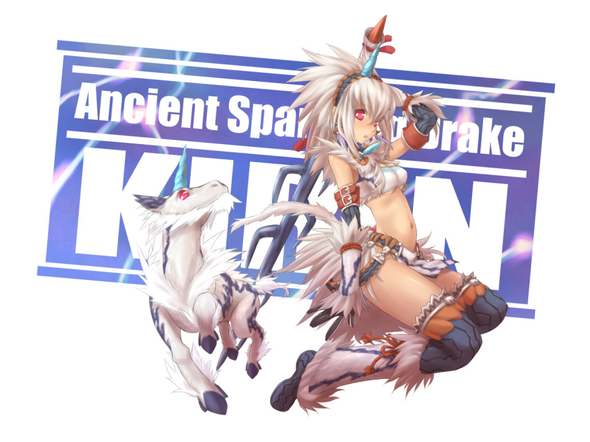 bare_shoulders breasts cleavage elbow_gloves gloves hairband highres horns kirin kirin_(armor) long_hair midriff monster_hunter navel open_mouth red_eyes silver_hair sword tail thigh-highs thighhighs tsukigami_chronica under_boob underboob unicorn weapon