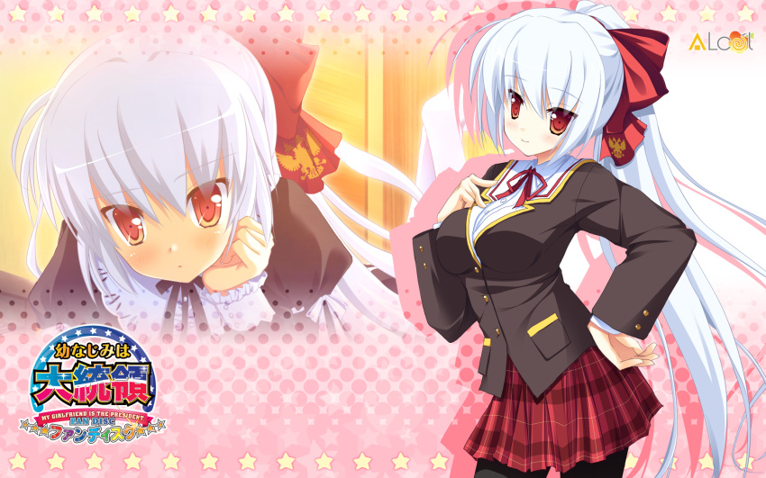 blazer breasts hair_ribbon highres irina_vladimirovna_putina long_hair nimura_yuuji osananajimi_wa_daitouryou pantyhose ponytail red_eyes ribbon school_uniform solo star tartan wallpaper white_hair