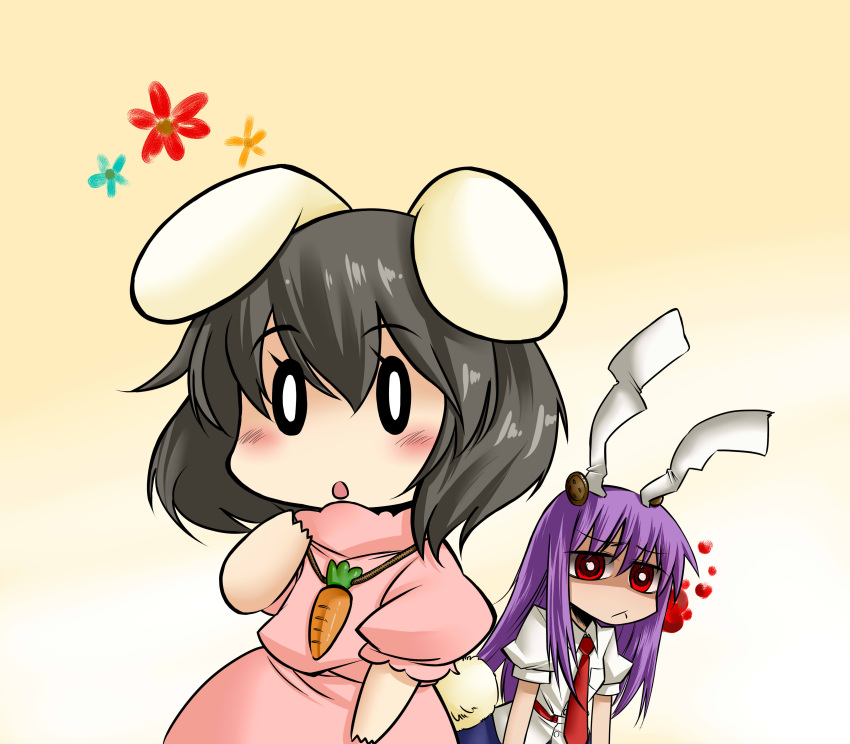 0_0 2girls absurdres animal_ears black_hair blush bunny_ears carrot chibi face flower highres inaba_tewi multiple_girls nada_haruka necktie purple_hair rabbit_ears red_eyes reisen_udongein_inaba short_hair touhou white_shirt