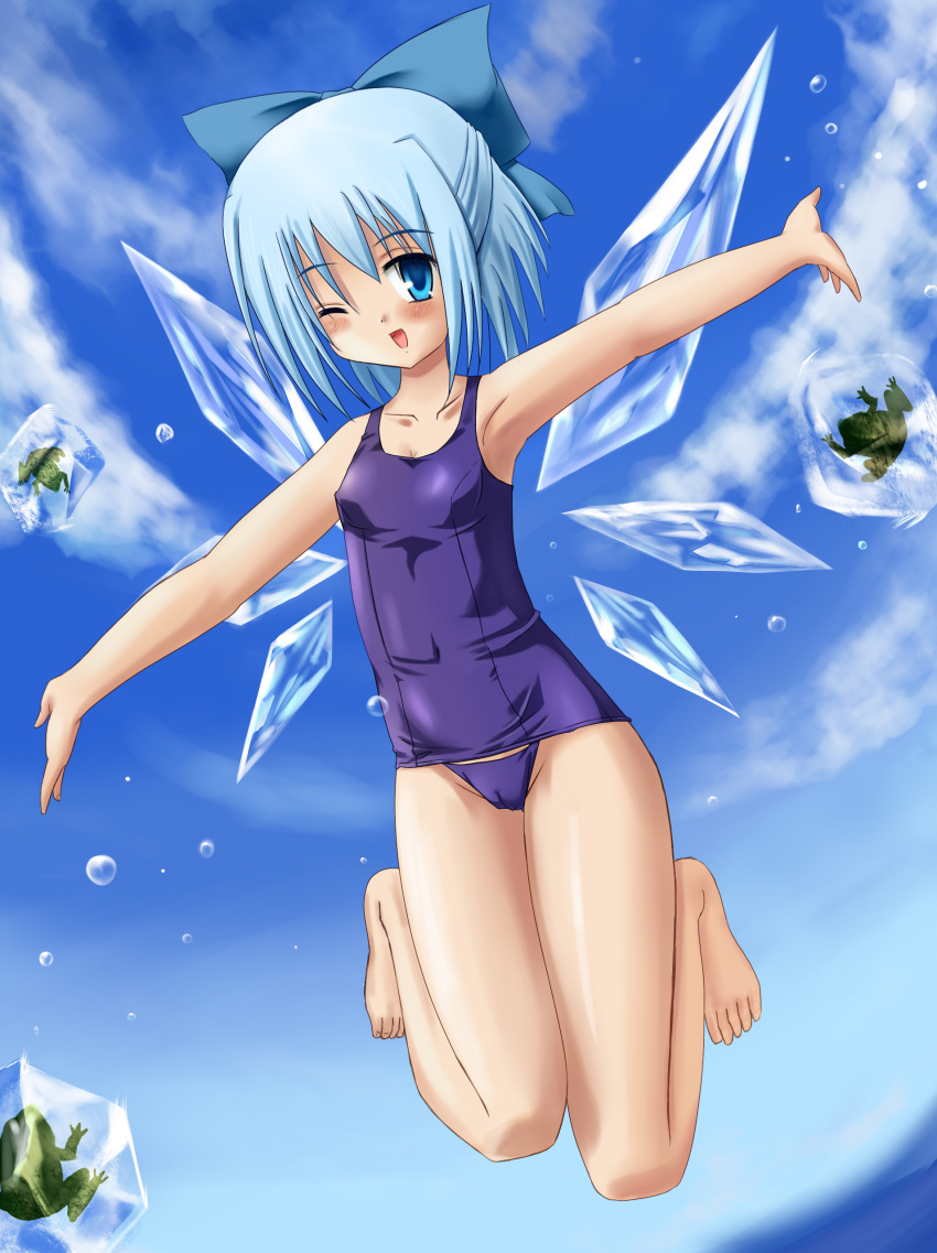 bad_id blue_eyes blue_hair cirno frog hamachi_hazuki highres ice jumping one-piece_swimsuit school_swimsuit short_hair swimsuit touhou wings wink