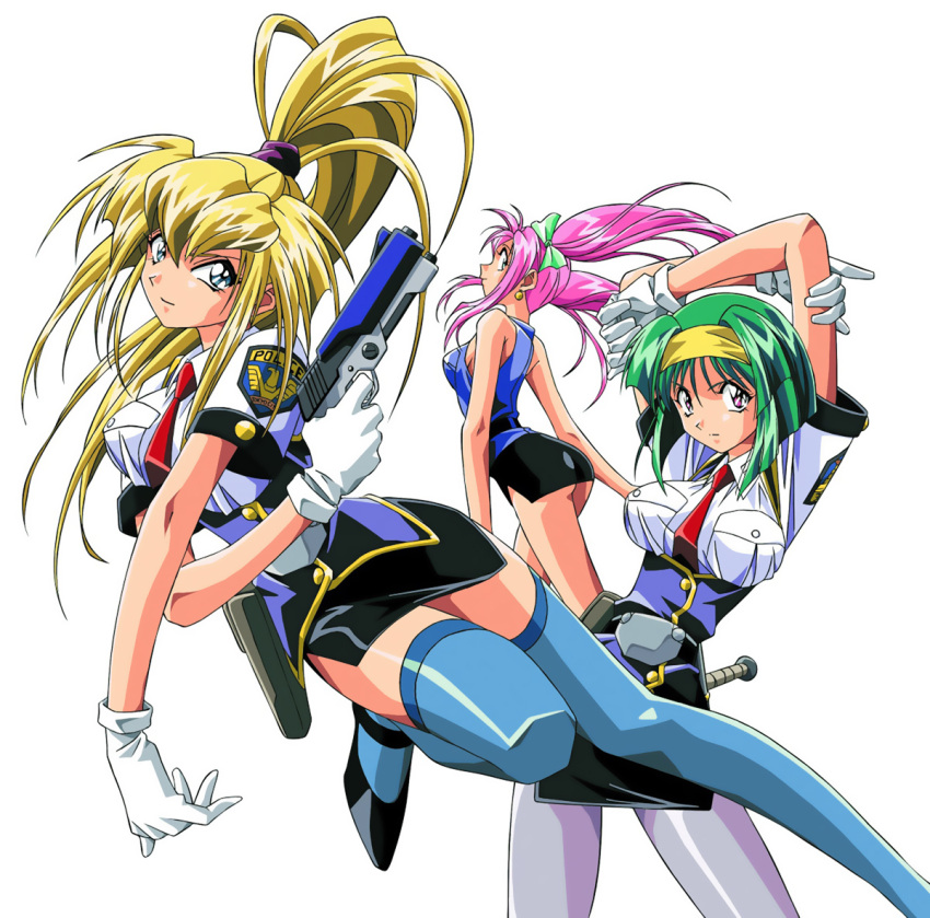 90s bow burn-up burn-up_w gloves green_hair gun hair_bow hairband handgun jingu_maya kawazaki_maki kinezono_rio lilica_ebett long_hair miniskirt multiple_girls official_art pantyhose pink_hair pistol police police_uniform ponytail short_hair simple_background skirt thigh-highs thighhighs twintails uniform weapon