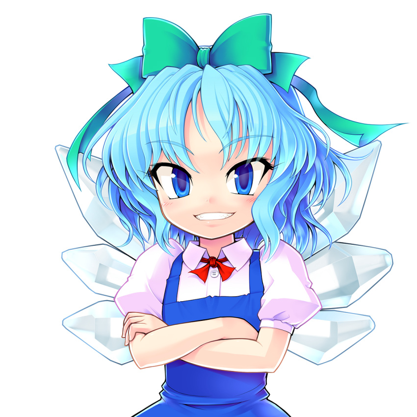 blue_eyes blue_hair bow cirno crossed_arms ebizome grin hair_bow simple_background smile solo syslila touhou white_background wings