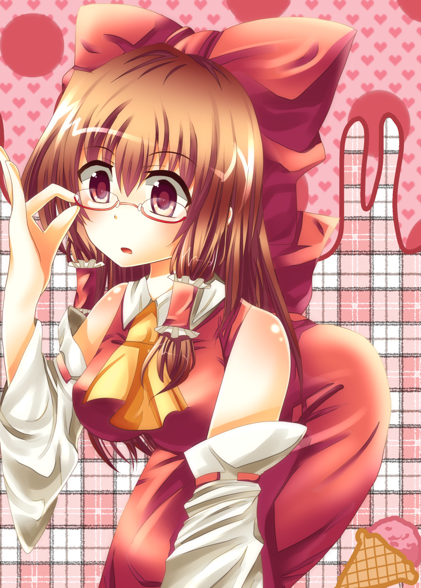 absurdres ascot bespectacled blush bow brown_eyes brown_hair detached_sleeves food glasses hair_bow hakurei_reimu highres ice_cream japanese_clothes long_hair mei_(jewel_at_time) miko solo touhou