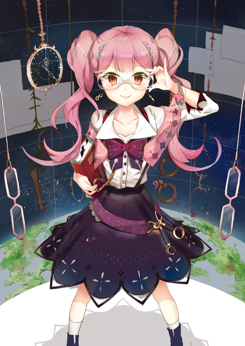 anmi book bracelet clock earrings glasses hair_ornament hairclip highres jewelry night night_sky original pink_hair red_eyes sky smile solo twintails