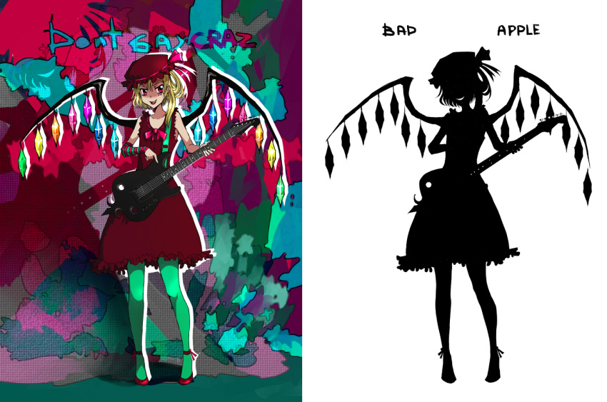 blonde_hair crossover don't_say_lazy don't_say_"lazy" electric_guitar flandre_scarlet guitar hat instrument k-on! nanoe_tetsu red_eyes silhouette touhou wings