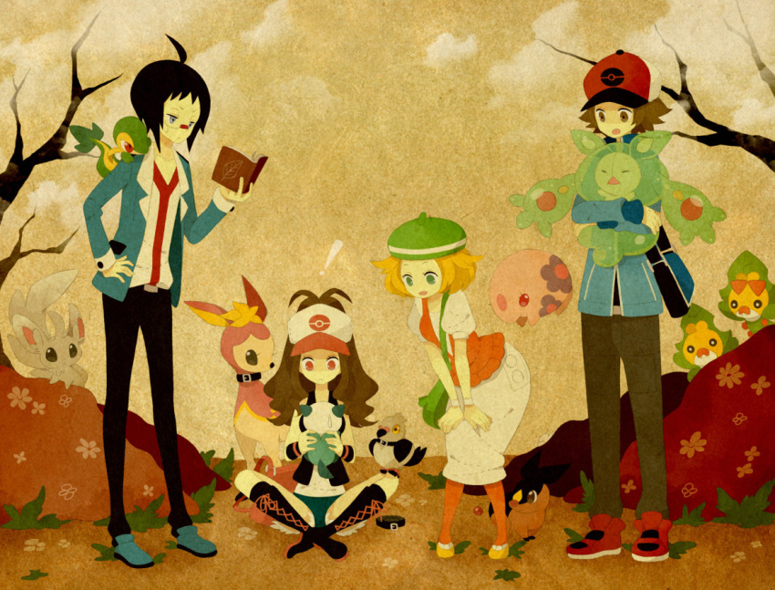 atori12 bad_id bag baseball_cap bel_(pokemon) bell_(pokemon) black_hair blonde_hair book brown_hair cheren_(pokemon) collar deerling denim denim_shorts glasses hat jacket messenger_bag minccino munna orange_legwear oshawott pantyhose pidove pokemon pokemon_(creature) pokemon_(game) pokemon_black_and_white pokemon_bw purse reuniclus sewaddle shorts shoulder_bag snivy sweatdrop tepig touko_(pokemon) touya_(pokemon)