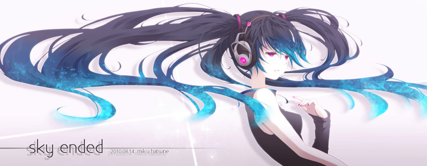 alternate_costume alternate_hair_color arm_up asymmetrical_clothes bangs black_hair blue_hair bust english expressionless hatsune_miku headphones highres mirusa nail_polish open_mouth pale_skin pink_eyes popped_collar single_sleeve solo twintails vocaloid