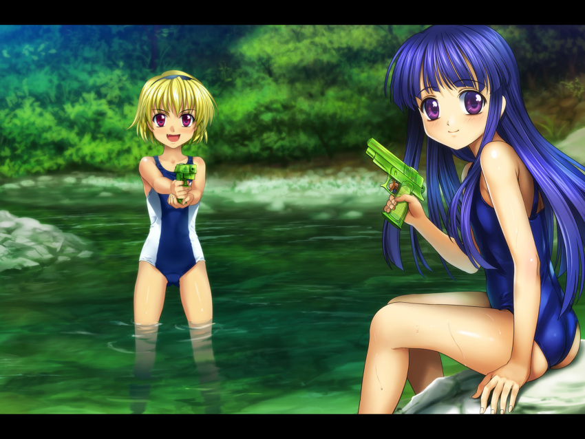 blonde_hair blue_hair fang furude_rika hairband higurashi_no_naku_koro_ni houjou_satoko long_hair multiple_girls mutsuki_(moonknives) one-piece_swimsuit purple_eyes red_eyes river short_hair sitting smile standing swimsuit tree violet_eyes wading water water_gun