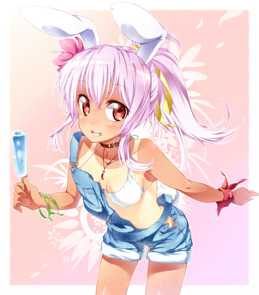 animal_ears bikini bikini_top bunny_ears bunny_tail collar flower hair_flower hair_ornament highres ichi_makoto long_hair overalls ponytail popsicle purple_hair rabbit_ears red_eyes reisen_udongein_inaba solo swimsuit swimsuit_under_clothes tail tan tanline touhou