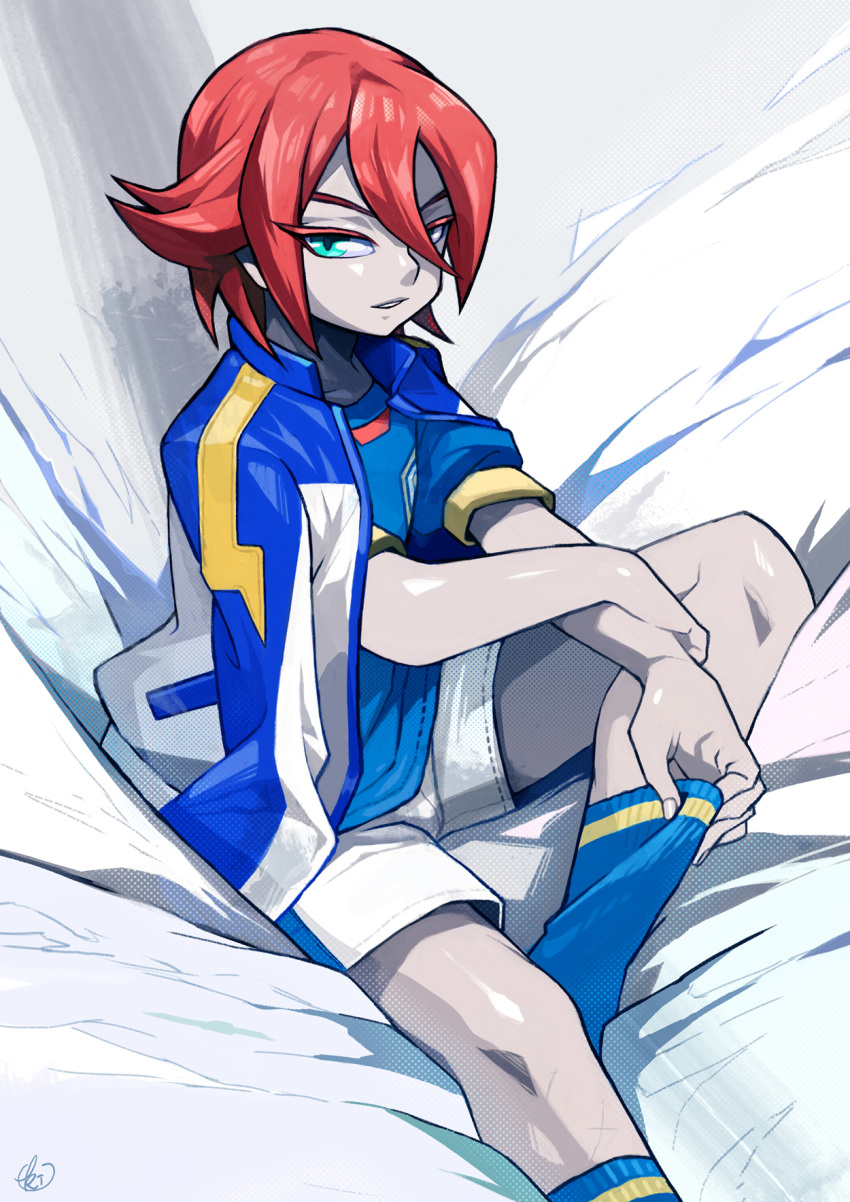 cushion green_eyes highres inazuma_eleven jacket kimimaru kiyama_hiroto male red_hair redhead short_hair soccer_uniform socks solo tamazakura