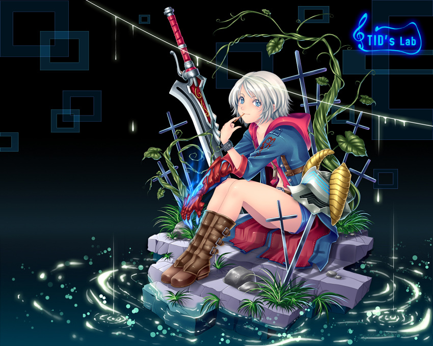 cross devil_bringer devil_may_cry devil_may_cry_4 genderswap nero_(devil_may_cry) short_hair silver_hair sitting solo sword tidsean water weapon