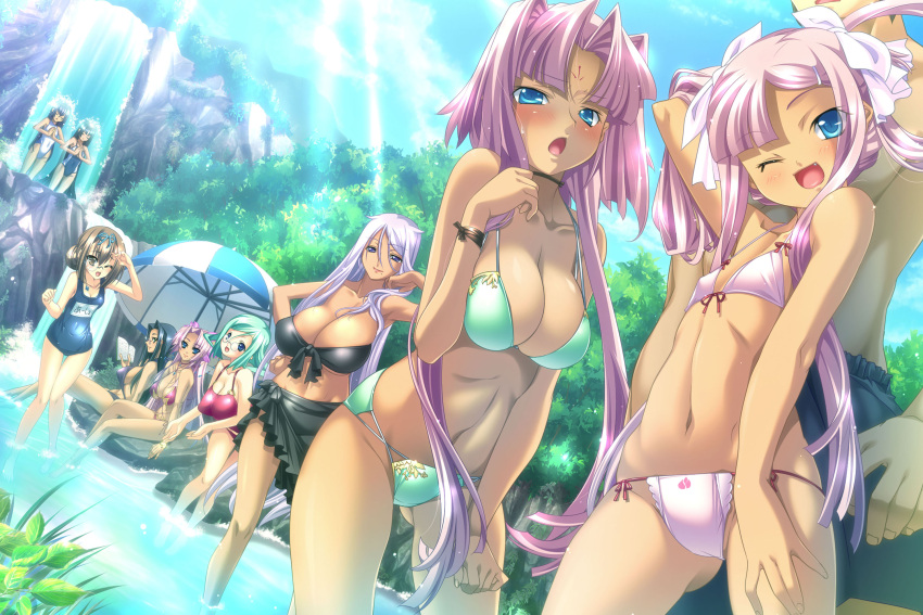 bikini blue_eyes blush breasts choker cleavage dark_skin envy flat_chest front-tie_top game_cg highres hikage_eiji hip_bones hongou_kazuto kannei katagiri_hinata koihime_musou kougai large_breasts midriff multiple_girls navel one-piece_swimsuit parasol pink_hair rikuson ryomou sarong school_swimsuit shuutai shuuyu side-tie_bikini sitting sonken sonsaku sonshoukou string_bikini submerged sunbeam sunlight swimsuit tan umbrella wading water waterfall wink