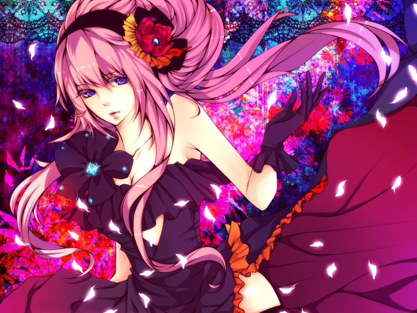 black_dress bow breasts brooch cleavage dress flower frills gloves hair_bow hair_flower hair_ornament hairband highres jewelry lipstick long_dress long_hair megurine_luka petals pink_hair purple_eyes solo vocaloid wallpaper wind_lift zukiyuki