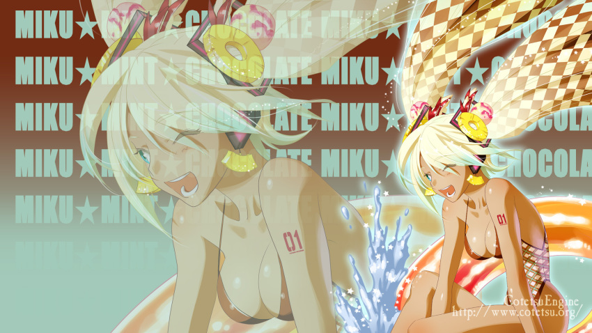 alternate_color alternate_costume bikini blonde_hair blue_eyes casual_one-piece_swimsuit checkered dark_skin food food_as_clothes fruit ganguro hatsune_miku highres long_hair one-piece_swimsuit open_mouth patterned pineapple solo swimsuit tattoo twintails vocaloid wink yamanaka_kotetsu zoom_layer