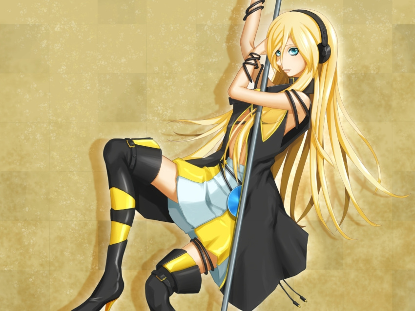 blonde_hair blue_eyes cable cd collar headphones lily_(vocaloid) pole skirt solo thigh_boots vocaloid