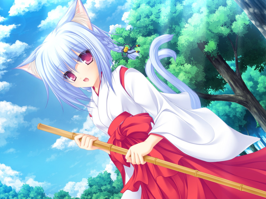 catgirl clouds japanese_clothes kiryuu_hina miko neko_koi pink_eyes tail