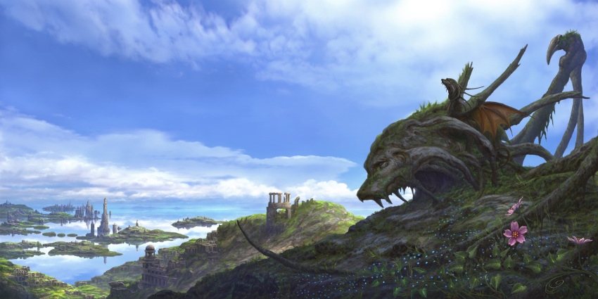 cloud clouds creature dragon fantasy flower grass highres island landscape no_humans original reflection scenery scenic sky tail tower ucchiey water wings