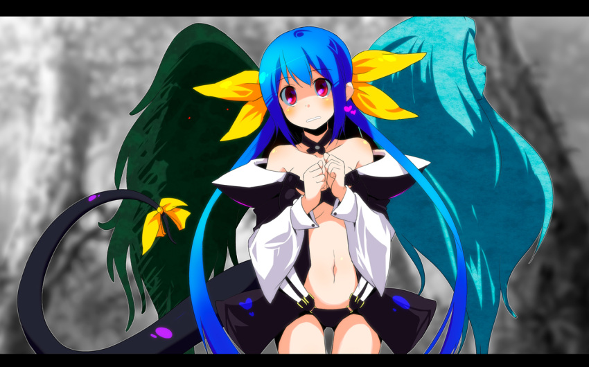 asymmetrical_wings bangs bare_shoulders blue_hair blush bow breasts choker cleavage detached_sleeves dizzy guilty_gear hair_bow long_hair navel necro red_eyes ribbon sw tail tail_ribbon twintails undine wings