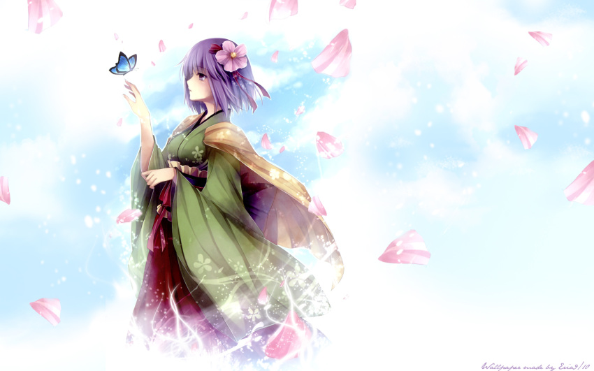 butterfly flower hieda_no_akyu japanese_clothes kimono petals purple_hair short_hair touhou violet_eyes