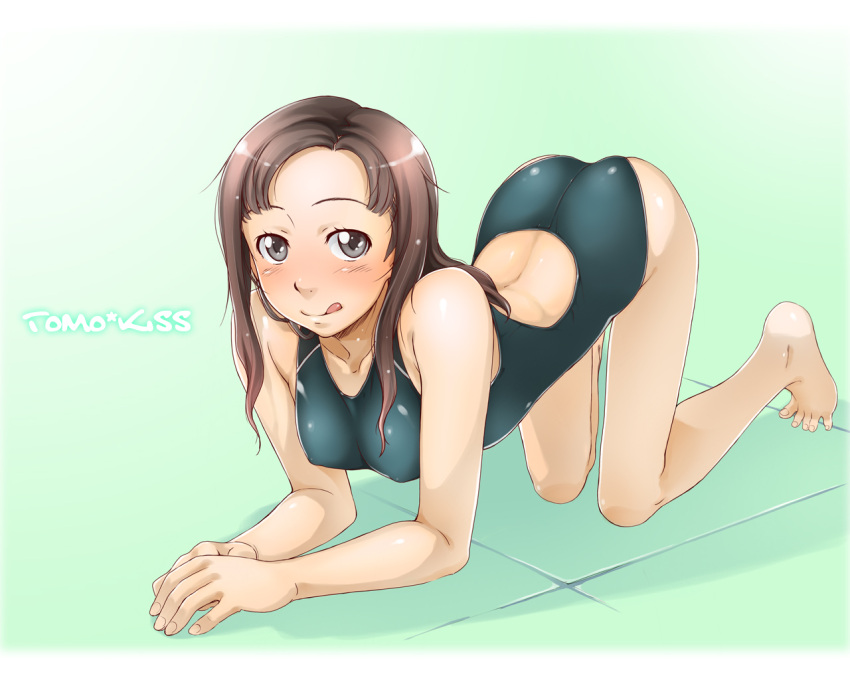 all_fours ass barefoot blue_eyes brown_hair competition_swimsuit feet fingers grey_eyes hands kawada_tomoko kimi_kiss kimikiss legs long_hair one-piece_swimsuit sakura_kotetsu swimsuit toes tongue