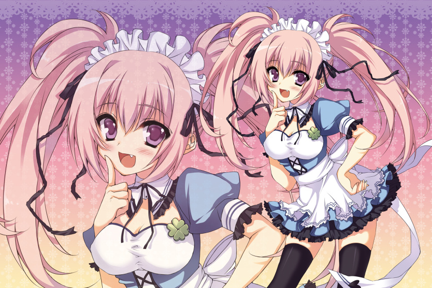 :d anapom apron black_legwear blush bow breasts cleavage fang hair_ribbon hand_on_hip headdress highres maid open_mouth original pink_eyes pink_hair ribbon smile solo thigh-highs thighhighs twintails zoom_layer