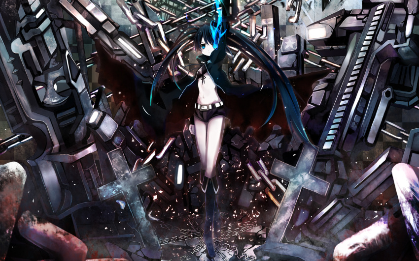 black_rock_shooter black_rock_shooter_(character) blue_flame blue_hair chains coat cross epic scars star twintails