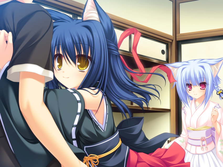 animal_ears blue_hair catgirl japanese_clothes kiryuu_hina kiryuu_sakuya neko_koi