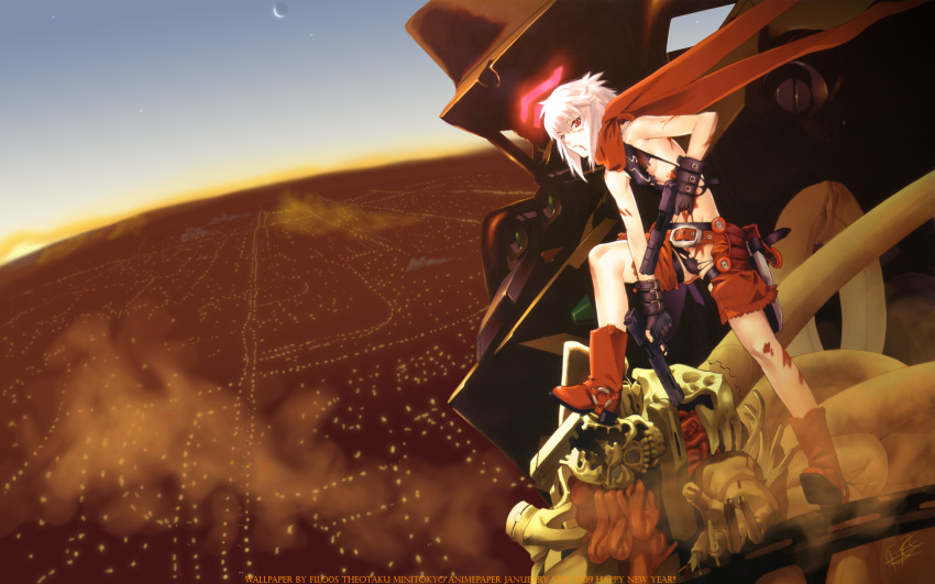 bakuretsu_tenshi blonde_hair gun jo landscape mecha red_eyes scenic sky weapon