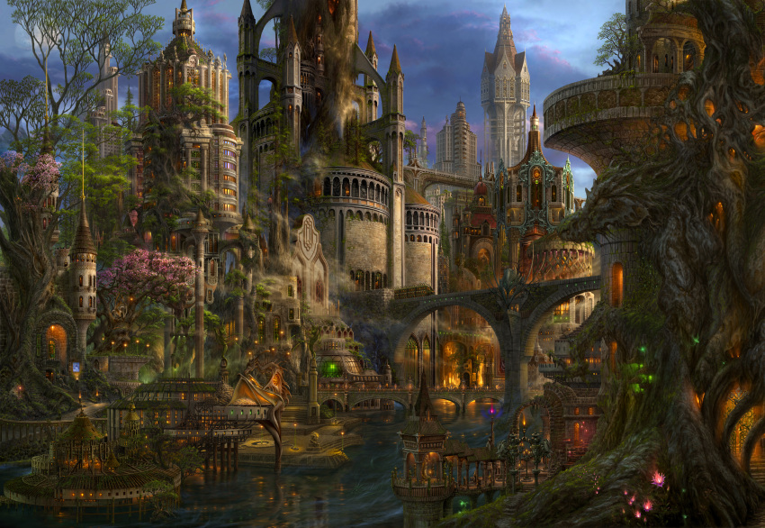 bridge castle cityscape cloud dragon fantasy flower glowing highres landscape lights moss no_humans original overgrown scenery scenic sky statue tower tree ucchiey water