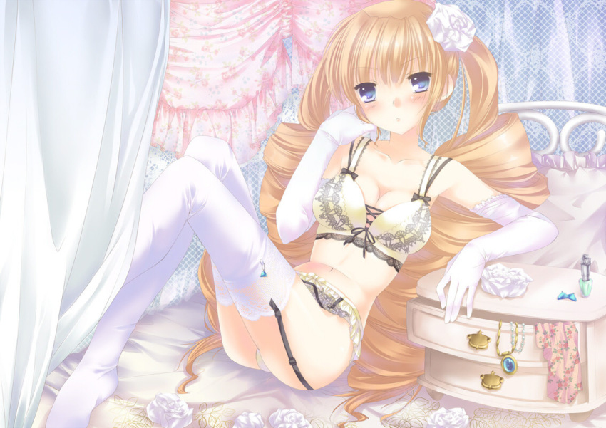 arcana_heart_2 arm_support bed blue_eyes blush bra breasts brown_hair chin_rest cleavage crossed_legs curtains drawer drill_hair elbow_gloves floral_print flower frills front-tie_top garter_belt garter_straps hair_flower hair_ornament jewelry karase_(shell_shelter) lace lace-trimmed_thighhighs lace_bra lace_panties lingerie long_hair necklace orange_hair panties pendant perfume_bottle petra_johanna_lagerkvist reclining ribbon rose sitting solo thigh-highs thighhighs twin_drills underwear very_long_hair white_legwear white_rose yellow_bra yellow_panties