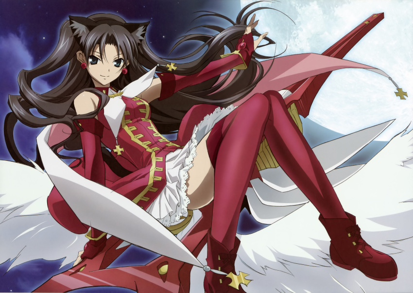 absurdres animal_ears black_hair cat_ears catgirl earrings elbow_gloves fate/stay_night fate_(series) fingerless_gloves fujii_maki gloves highres jewelry kaleido_ruby leaning_back long_hair looking_at_viewer red_legwear scan skirt smile solo tail thigh-highs thighhighs tohsaka_rin toosaka_rin twintails wings zettai_ryouiki