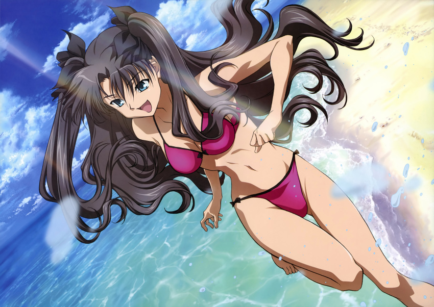 :d absurdres barefoot beach bikini black_hair blue_eyes cloud fate/stay_night fate_(series) happy highres long_hair open_mouth ribbons running scan shirase_emiko sky smile solo swimsuit tohsaka_rin toosaka_rin twintails water