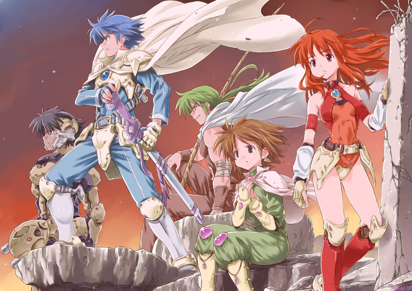 armor bare_shoulders brown_hair cape earrings hands_on_own_chest hands_to_chest isedaichi_ken jewelry kein_(phantasy_star) lena_(phantasy_star) leotard long_hair lyle_(phantasy_star) mieu_(phantasy_star) orange_hair phantasy_star phantasy_star_iii red_eyes red_hair redhead robot_joints searren short_hair sword weapon